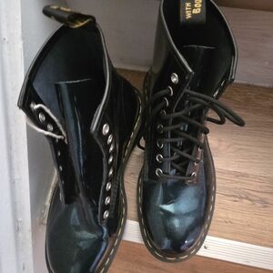 Dr. Martens Blue Patent Leather Lace-Up Boots with Yellow Pull Tab